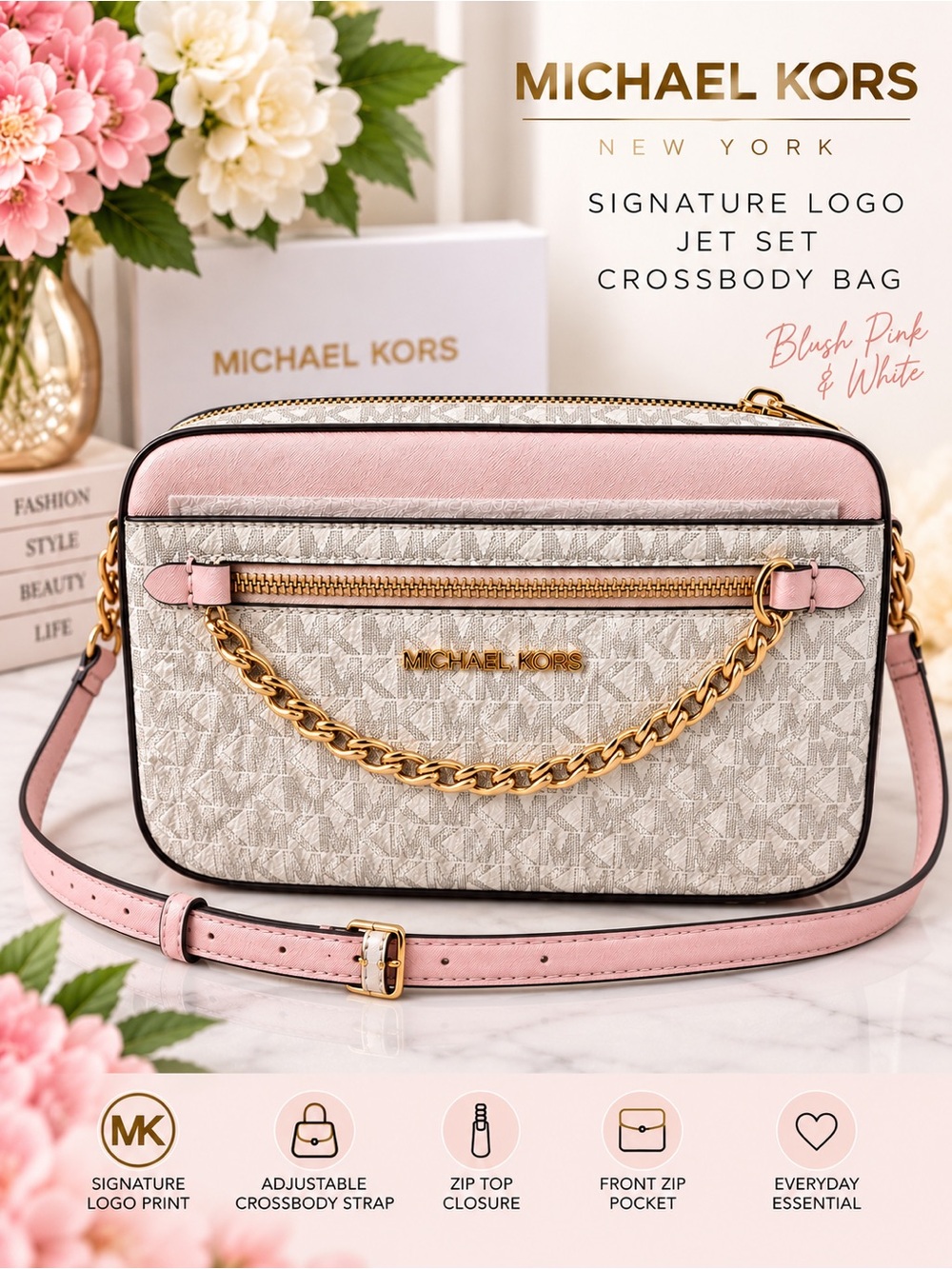 Michael Kors Blush Pink and White Signature Logo Jet Set Crossbody Bag NWT